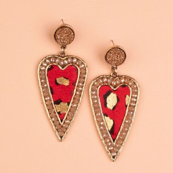 Leopard Heart Stud Earrings with Druzy Stone - Picture 1 of 1